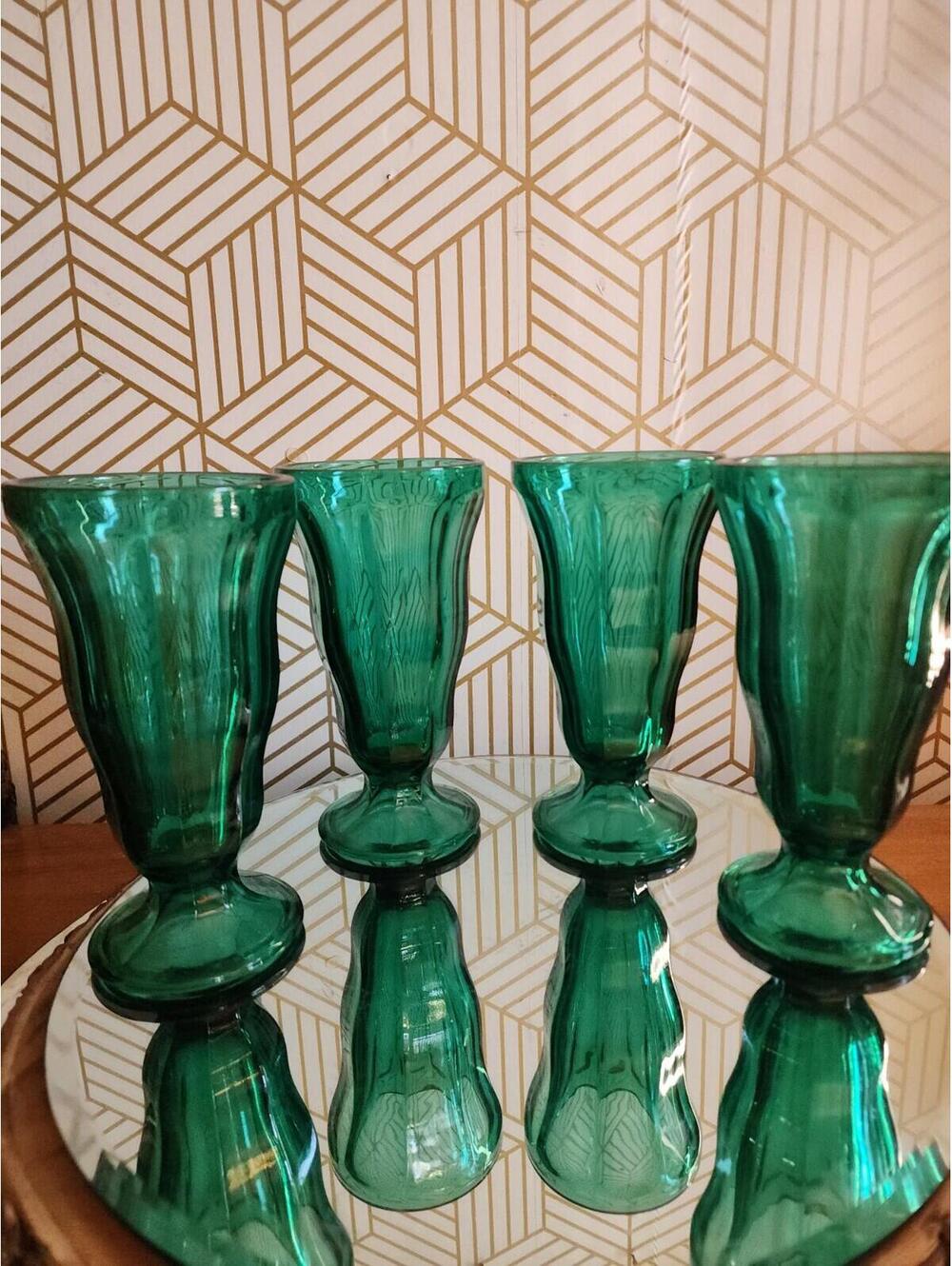 Vintage Anchor Hocking Teal Green Glass Ice Cream Sundae Parfait Soda Goblets